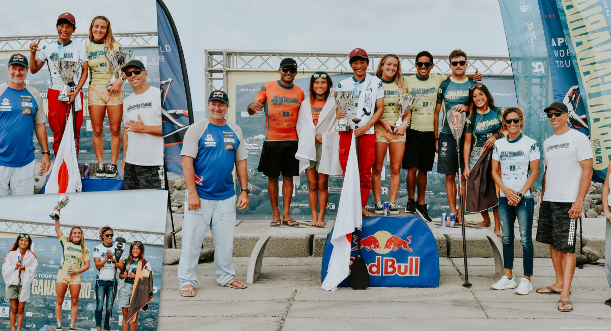 Bjørn Dunkerbeck (links) und Tristan Boxford (rechts neben Iballa Moreno) kennen sich noch als Fahrer der PWA World Tour