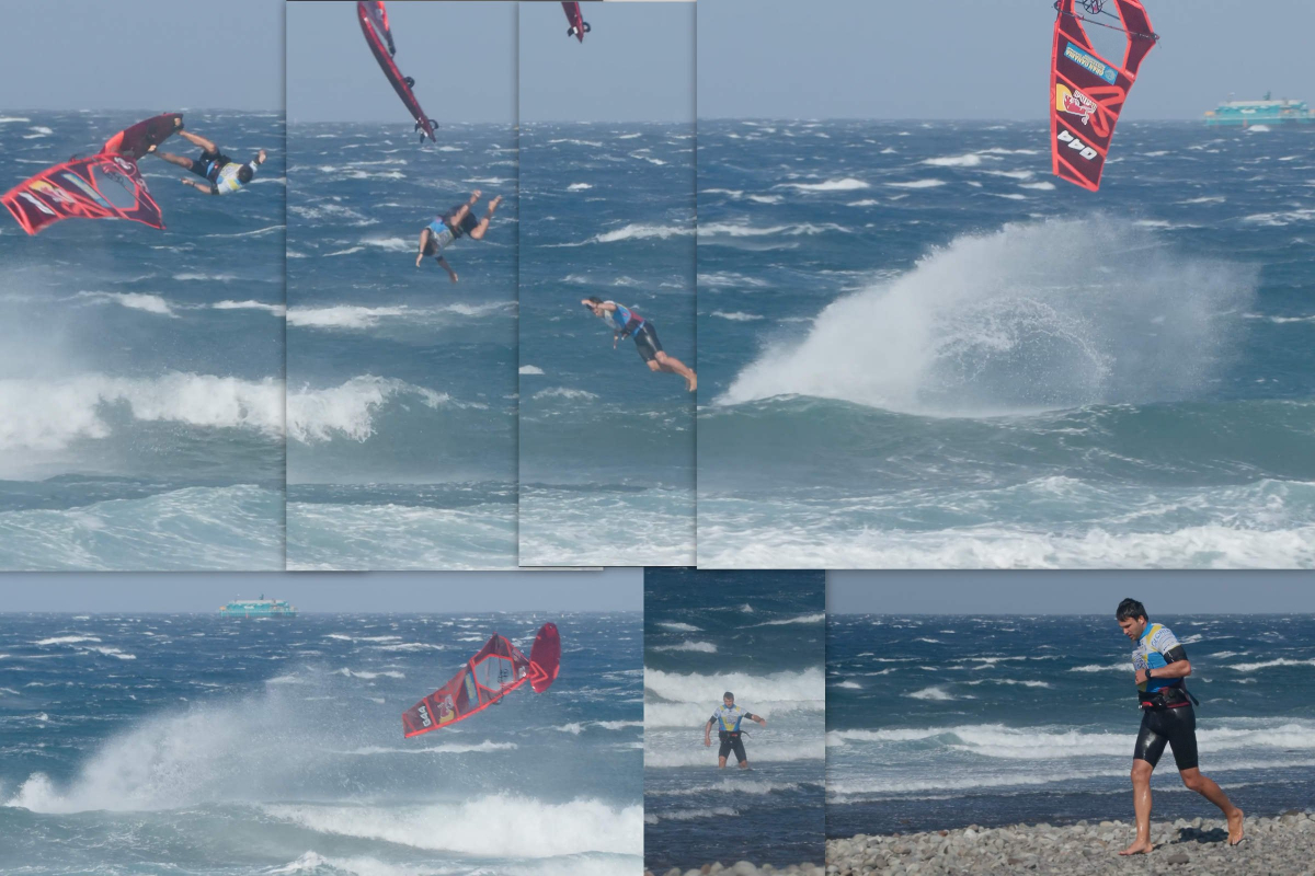 Drama in Pozo. Kösterscher Triathlon mit Windsurfen, Schwimmen und Laufen. Philip verliert im Finale sein Material. Es fliegt so weit, dass er es nicht mehr erreicht, bevor das Equipment auf dem Riff landet. Ausstieg über das mit Seeigel gespickte Riff. L