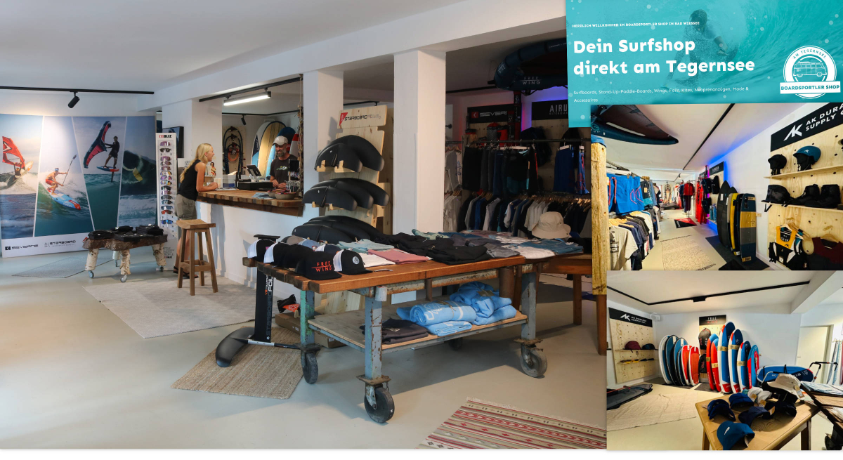 Neue Boardsportler Surfshop am Tegernsee mit Angeboten für Windsurfer, Wingfoiler, Kiter und Stand-up Paddler