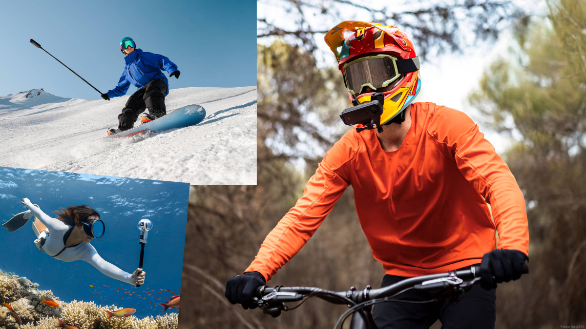 Einsatzbeispiele der Insta360 X4 Air beim Snowboarden, Mountainbiken und Tauchen