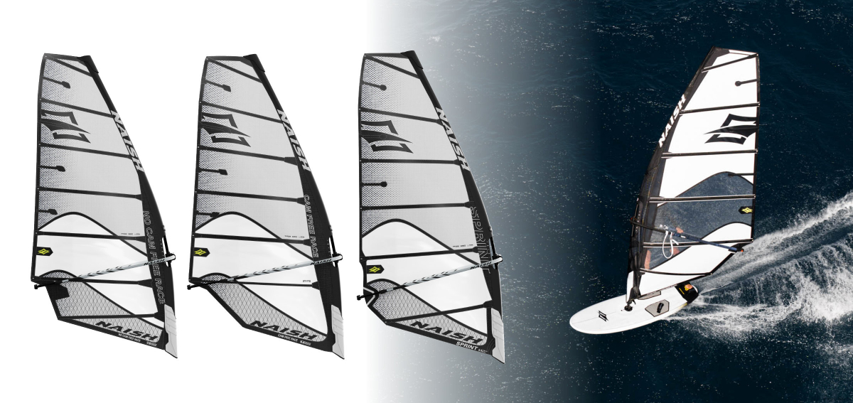 Naish 2026: Freewave-, Freeride- und Race-Segel in schwarz-weiß.