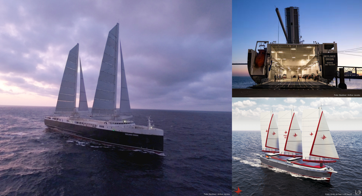 Left and top right: The Neoline Origin is 135 meters long and designed as a modern Ro-Ro ship. Bottom right: The Grain de Sail III will be 110 meters long.
