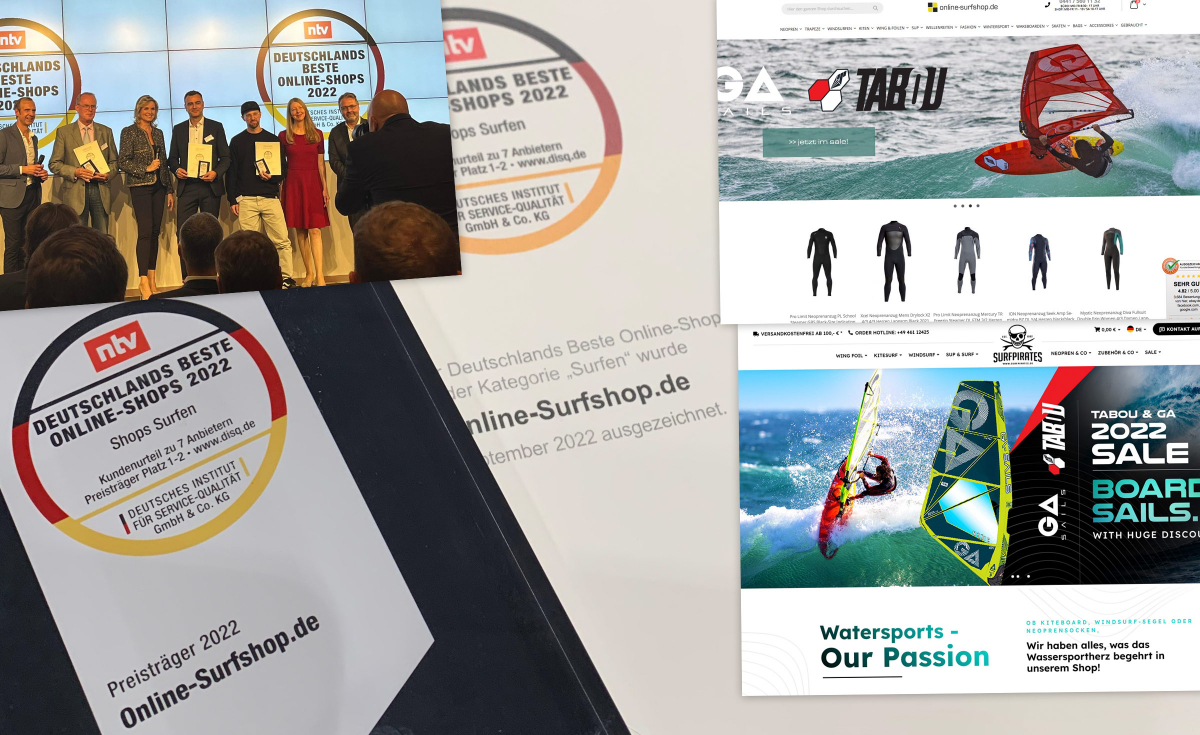 Online-Surfshop.de und Surfpirates.de beim DISQ Online-Shop-Preis 2022 ausgezeichnet