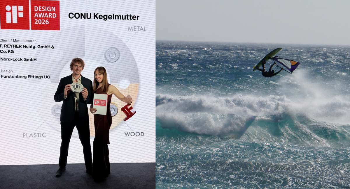 Einen Preis gab es für die selbstsichernde Conu Kegelmutter. Bianca Fürstenberg lenkt als Managerin und Strategin die gemeinsamen Projekte von der Idee bis zur Markteinführung. Rechts: Malte ist passionierter Windsurfer.