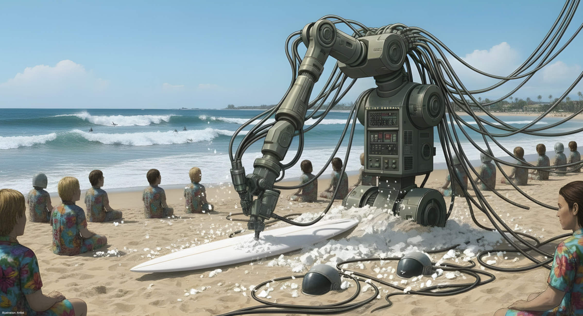 Schöne neue Welt: Wenn das Wissen der Welt assimiliert ist, können die Menschen von ihrem bedingungslosen Grundeinkommen leben und am Strand sitzen. Die KI weiß dann, wie man Surfboards baut.