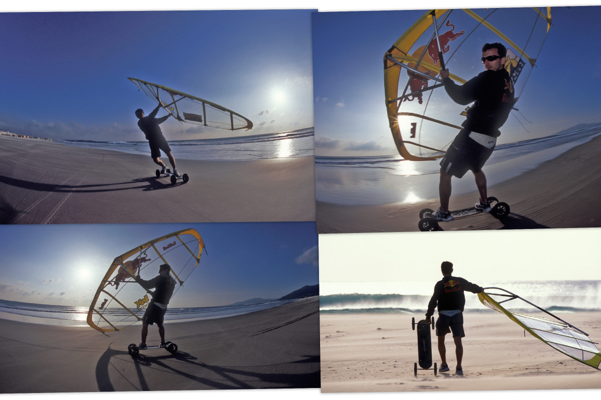 Patrik Pollak beim Mountainboarden mit Kitewing am Strand
