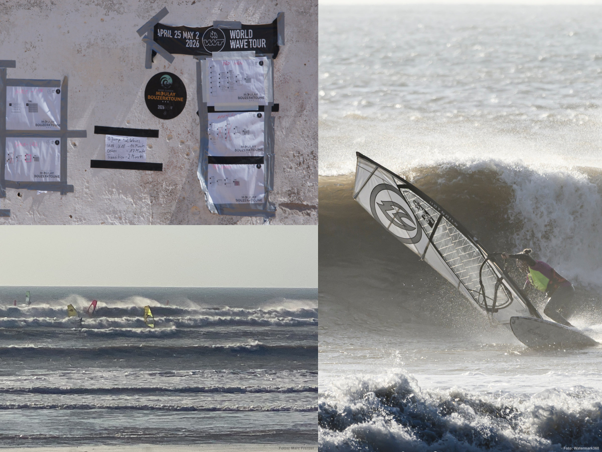 Competition in Moulay. The notice board has been reinforced with masonry and duct tape to make it windproof.
