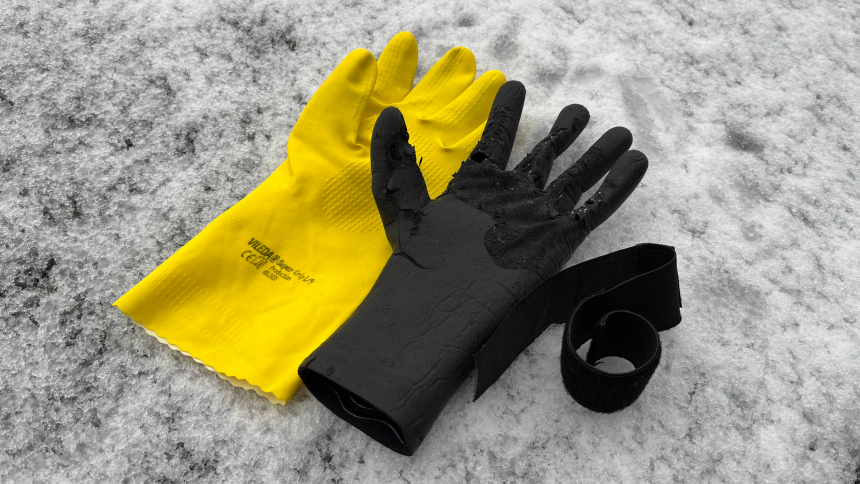 Dishwashing glove, 2-mm neoprene glove, and elastic Velcro strap